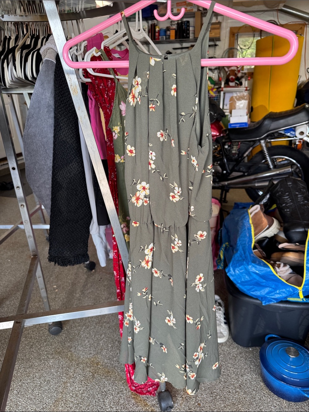Blue Rain Olive Green Floral Sleeveless Tiered Midi Dress